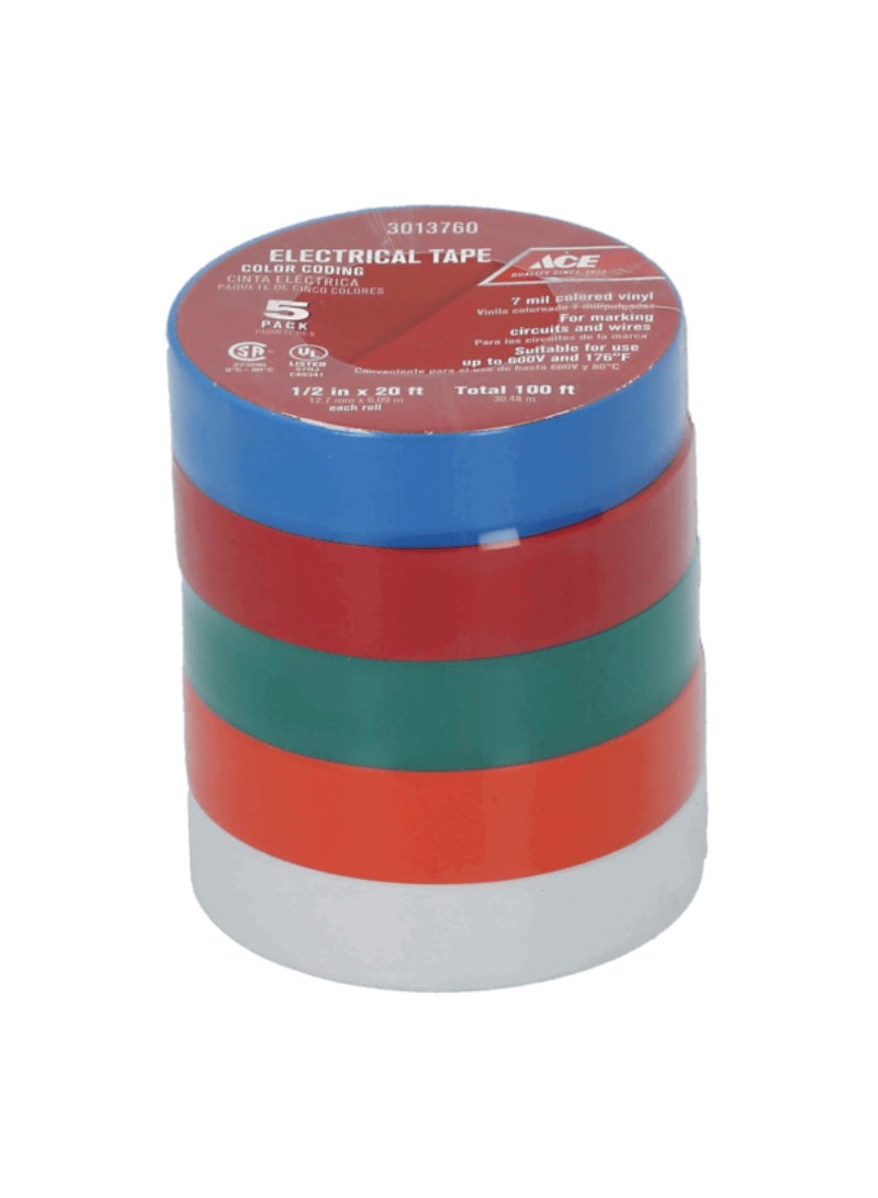 Ace 5-Piece Electrical Tape Multicolor 1/2inch x 20ft - Image 1
