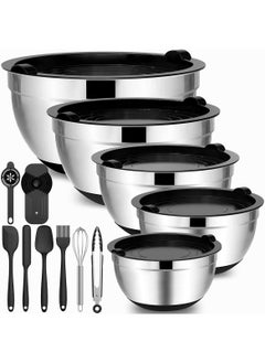 5-Piece Stainless Steel Mixing Bowl Set With Airtight Lids Nesting Mixing Bowl Set For Baking Mixing Serving And Preparing Metal Bowls With Non-Slip Bottom