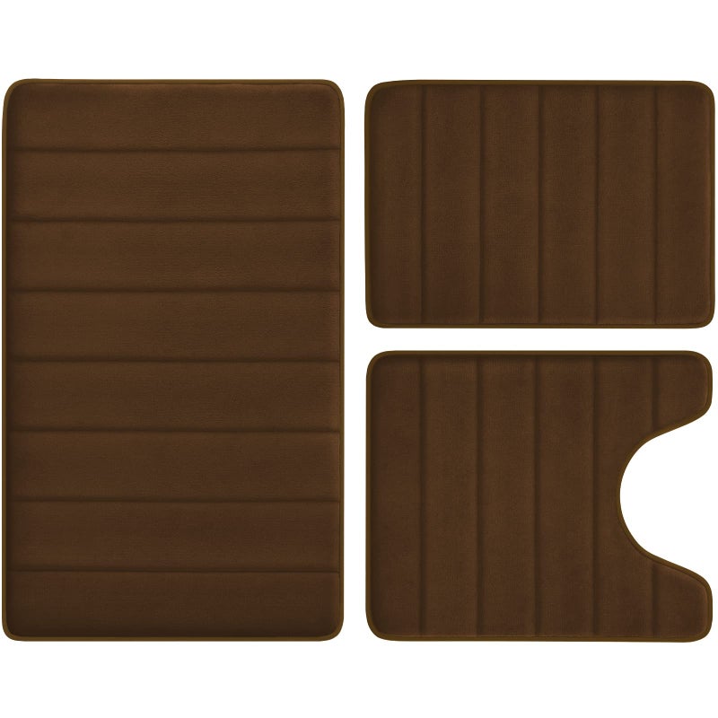 BYSURE Brown Memory Foam Bathroom Rug Set 3 Piece Non Slip Extra Soft Absorbent Bath Mats Machine Washable  Dry Toilet Mat Sets for Bathroom Floor