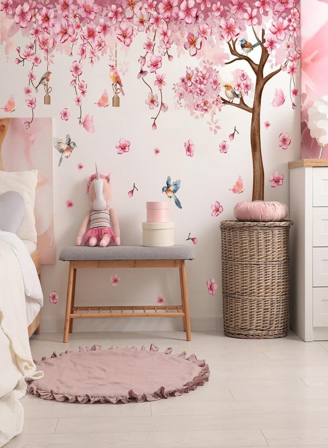 Mirabuy Pink Cherry Blossom Tree Wall Decals, Pink Floral Birds Butterflies Wall Stickers for Girls Bedroom Playroom Nursary, 59x35 inch - Image 1