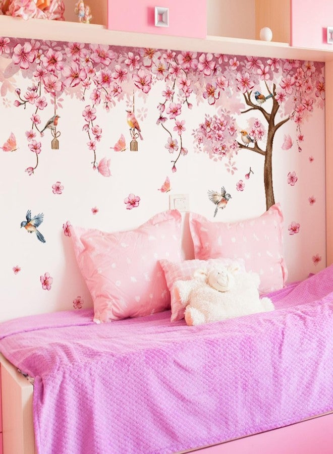 Mirabuy Pink Cherry Blossom Tree Wall Decals, Pink Floral Birds Butterflies Wall Stickers for Girls Bedroom Playroom Nursary, 59x35 inch - Image 5