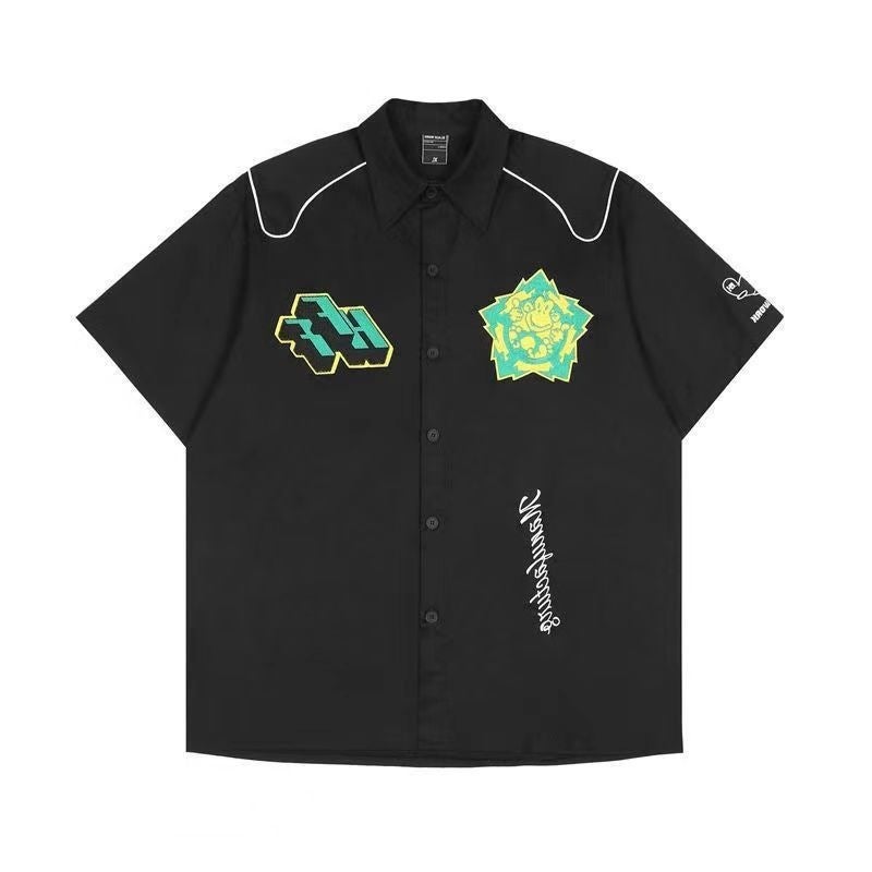 Generic Fried Street Ins Summer Motorcycle Retro Thin American Style Trendy Brand hiphop Shirt Mens Short Sleeve Racing Suit Loose Shirt 64 black printed style