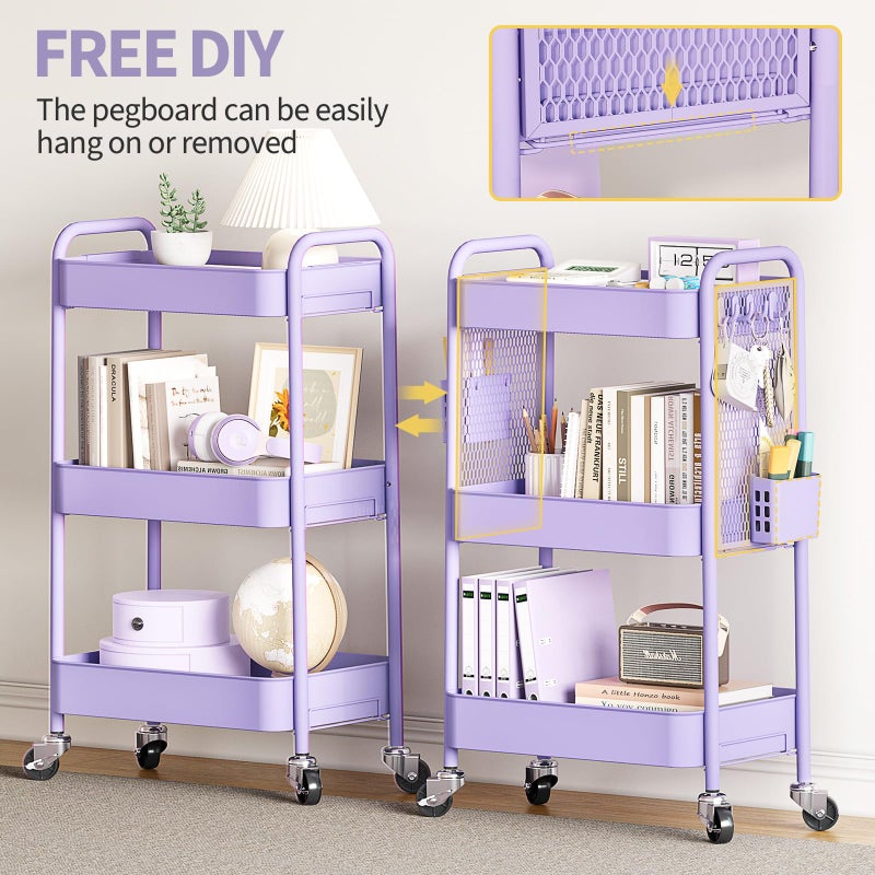 TOOLF 3 Tier Rolling Cart Storage Organizer, Metal Rolling Utility Cart with Wheels, Hooks & Bins Esthetician Craft Art Sturdy Storage with Pegboard for Bathroom, Kitchen, Office, Nursery Diaper - Image 2