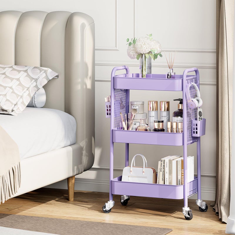TOOLF 3 Tier Rolling Cart Storage Organizer, Metal Rolling Utility Cart with Wheels, Hooks & Bins Esthetician Craft Art Sturdy Storage with Pegboard for Bathroom, Kitchen, Office, Nursery Diaper - Image 3