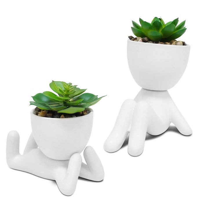 2 PCS SMALL FAKE PLANTS WITH HUMANSHAPED POTS FUNNY ROOM DECOR FAUX PLANTS CUTE DESK DECOR FAKE SUCCULENTS MINI PLANT BATHROOM DECORATIONS CERAMIC WHITE