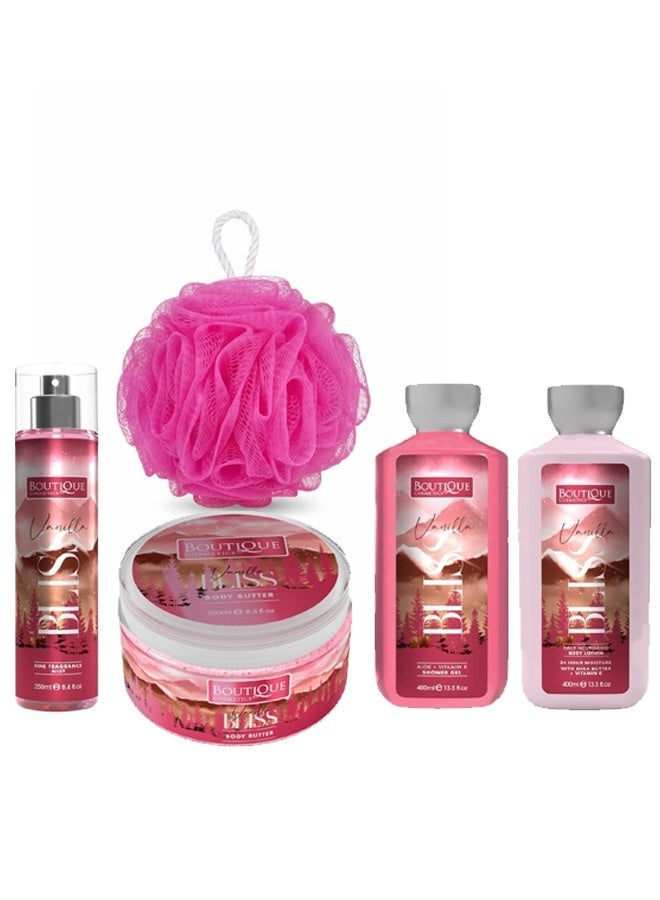 مجموعة الفانيليا للجسم جل استحمام 400مل + لوشن الجسم 400مل + زبدة للجسم 250مل + معطر للجسم 250مل + ليفة للجسم