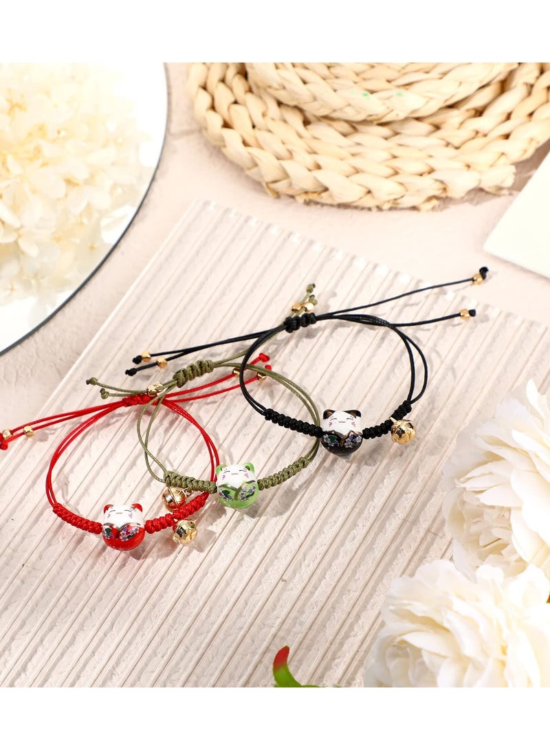 Y&D 3 Pieces Cat Maneki Neko Bracelet Cute Lucky Ceramic Beads Bracelets Feng Shui Fortune String with Bell, Adjustable  - Image 4