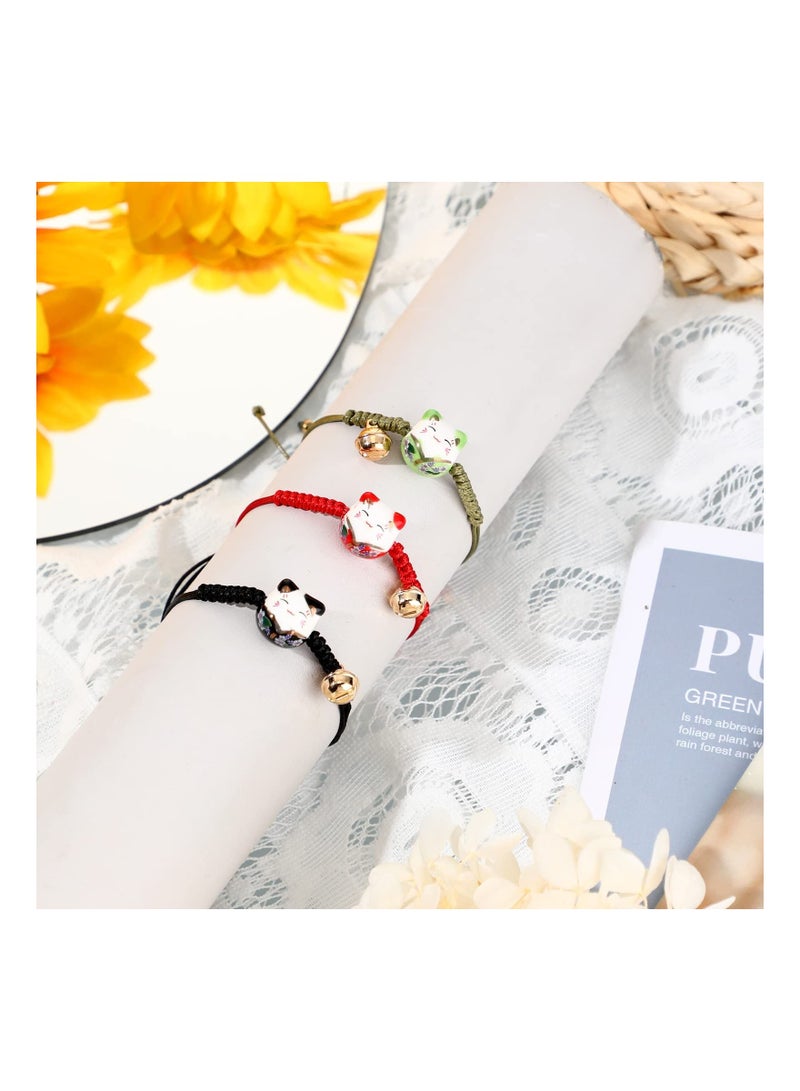Y&D 3 Pieces Cat Maneki Neko Bracelet Cute Lucky Ceramic Beads Bracelets Feng Shui Fortune String with Bell, Adjustable  - Image 3