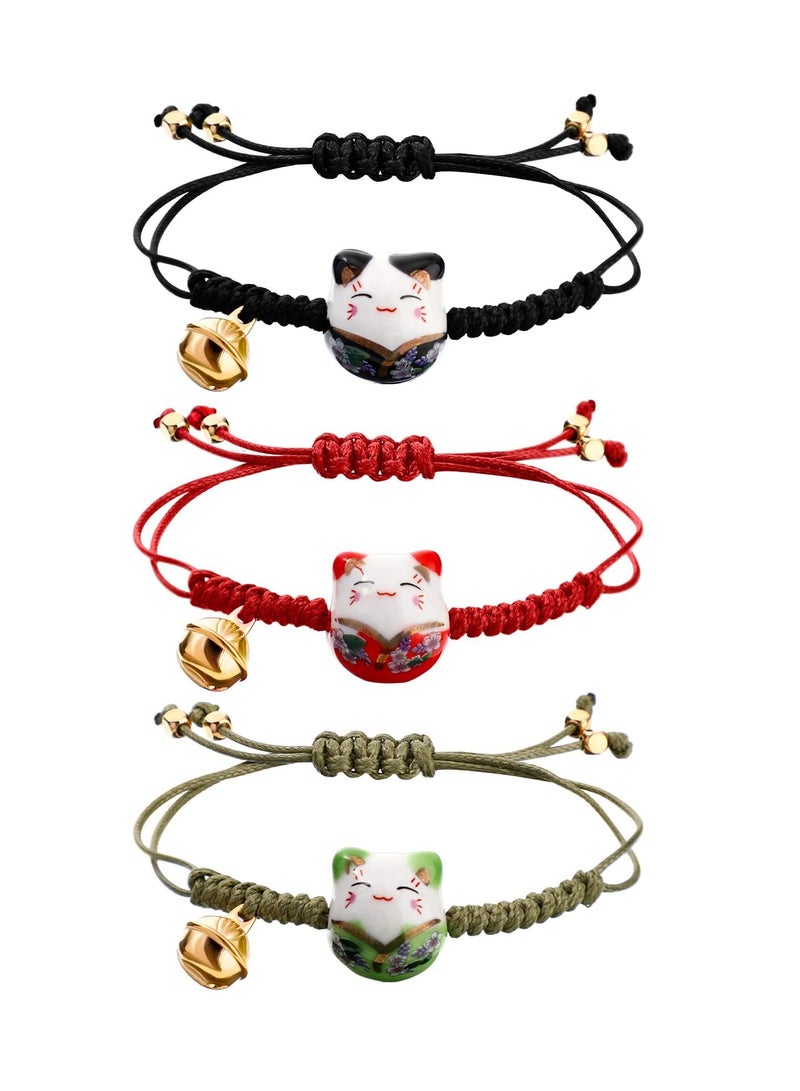 Y&D 3 Pieces Cat Maneki Neko Bracelet Cute Lucky Ceramic Beads Bracelets Feng Shui Fortune String with Bell, Adjustable  - Image 1