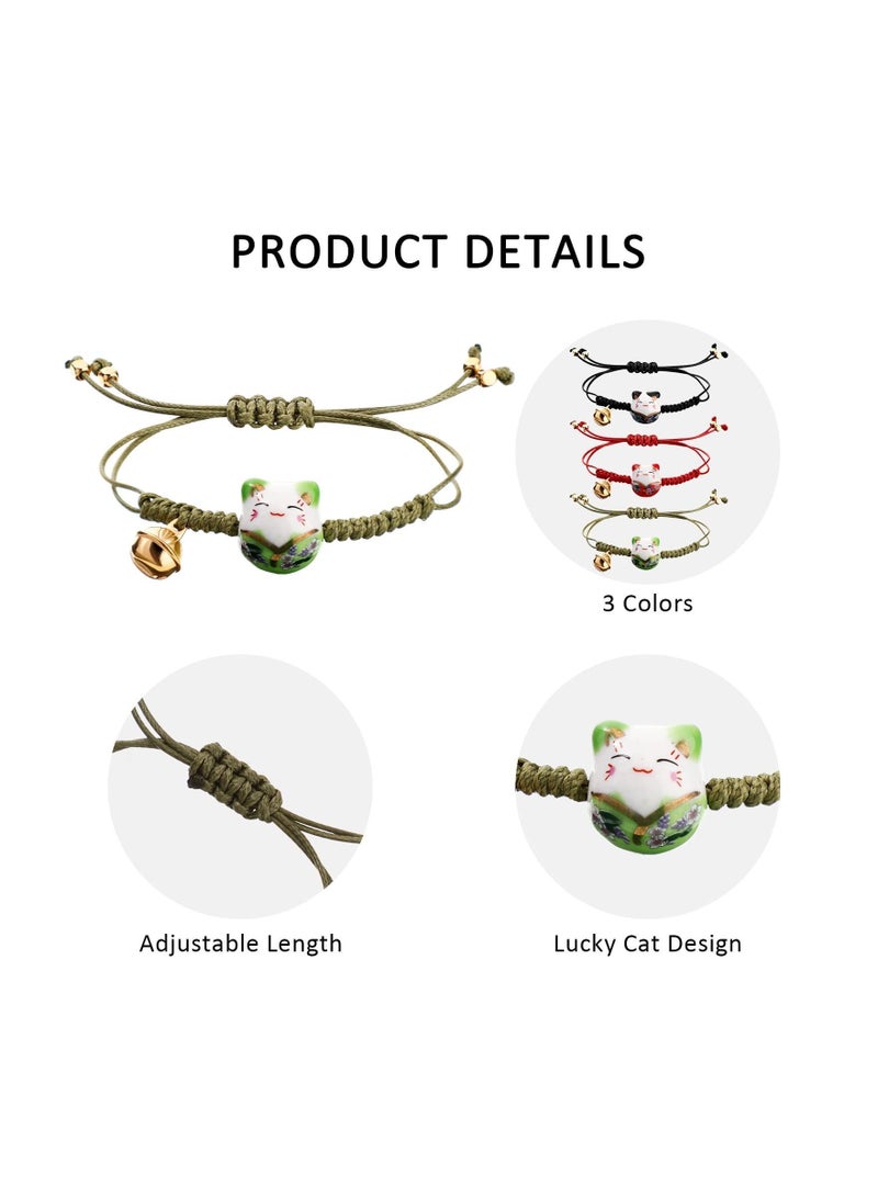 Y&D 3 Pieces Cat Maneki Neko Bracelet Cute Lucky Ceramic Beads Bracelets Feng Shui Fortune String with Bell, Adjustable  - Image 2