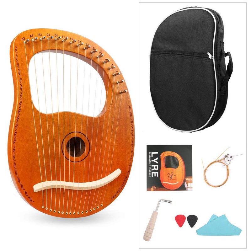 MrPower Lyre Harp Ancient Greece Style 16 Metal Strings Lyre with Tuning Wrench Extra String Set and Gig Bag 16 String Natural Wood