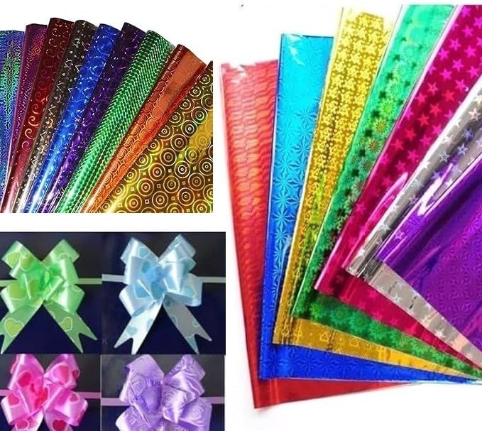 Freedy (5 Colours x 20 Sheets Each) Plastic Holographic Metallic Colour Paper Wrapping Sheets Especially for Gifts for Loved, 65cm X 45cm (Pack of 100)+ 10 Flower Free-c