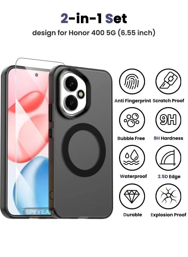 SPFYEAH [2-in-1] Honor 400 Case with HD Tempered Glass Screen Protector, [Anti-Drop Shockproof][Anti-Slip][No Yellowing][Skin Friendly] Slim Hard Frosted Case for Honor 400 5G 6.55 inch, Black - Image 2