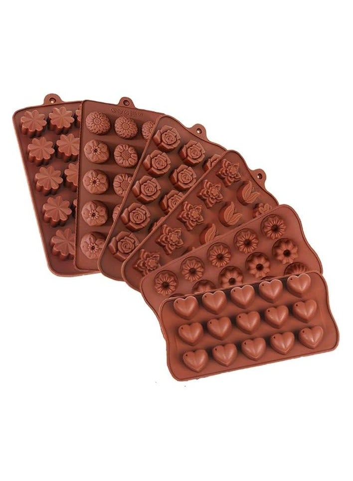 erorex 6 Pack Silicone Chocolate Candy Molds, Non-Stick 15 Cavity Silicone Tray Molds with Different Shapes for Making Chocolate Cake Candy Ice Cubes Jelly, Brown, SM-001  - Image 1