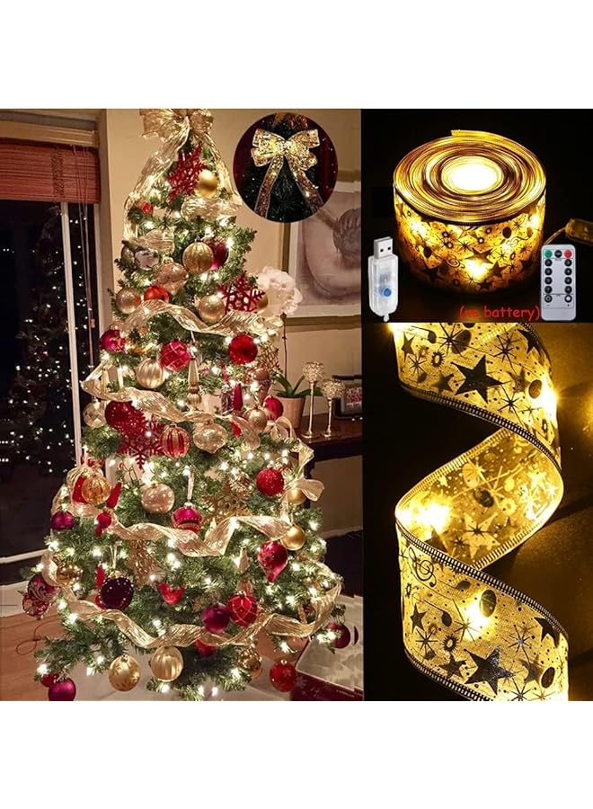 erorex Tree Decorations String Lights 32Ft 100 Led Lights Copper Wire Ribbon Bows Lights For Party Weddings Holiday Tree Decorations Width 6.3Cm Gold Warm Light - Image 1