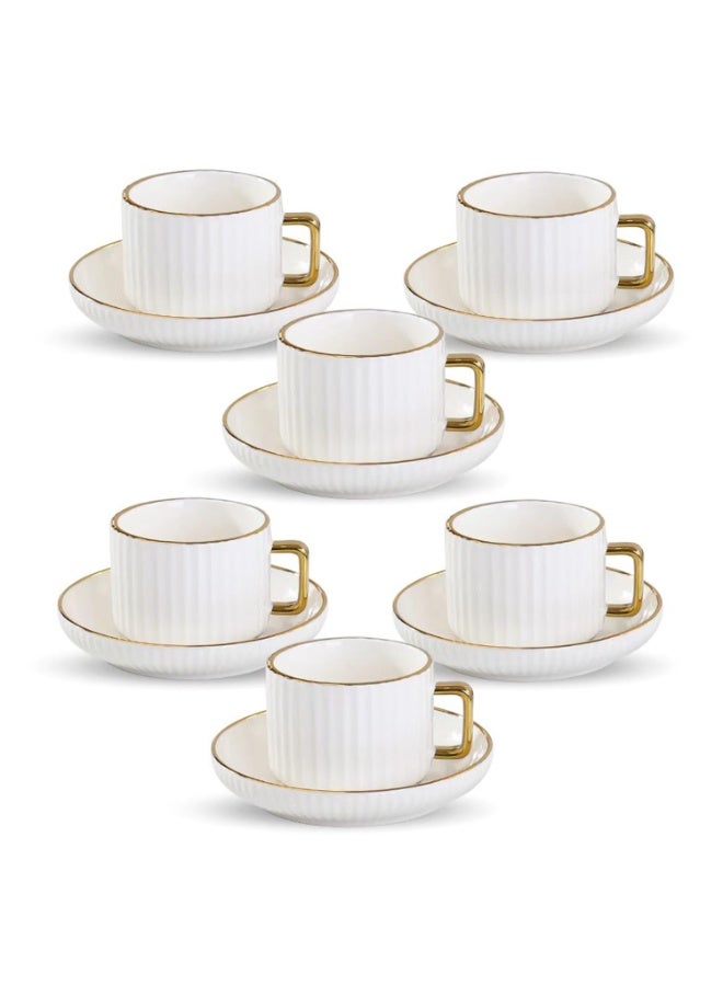 8oz Ceramic Cappuccino Cups with Saucers Set, White with Gold Trim, Set of 6 - Image 1