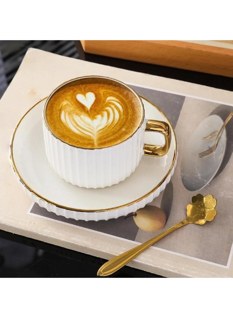 8oz Ceramic Cappuccino Cups with Saucers Set, White with Gold Trim, Set of 6 - Image 4