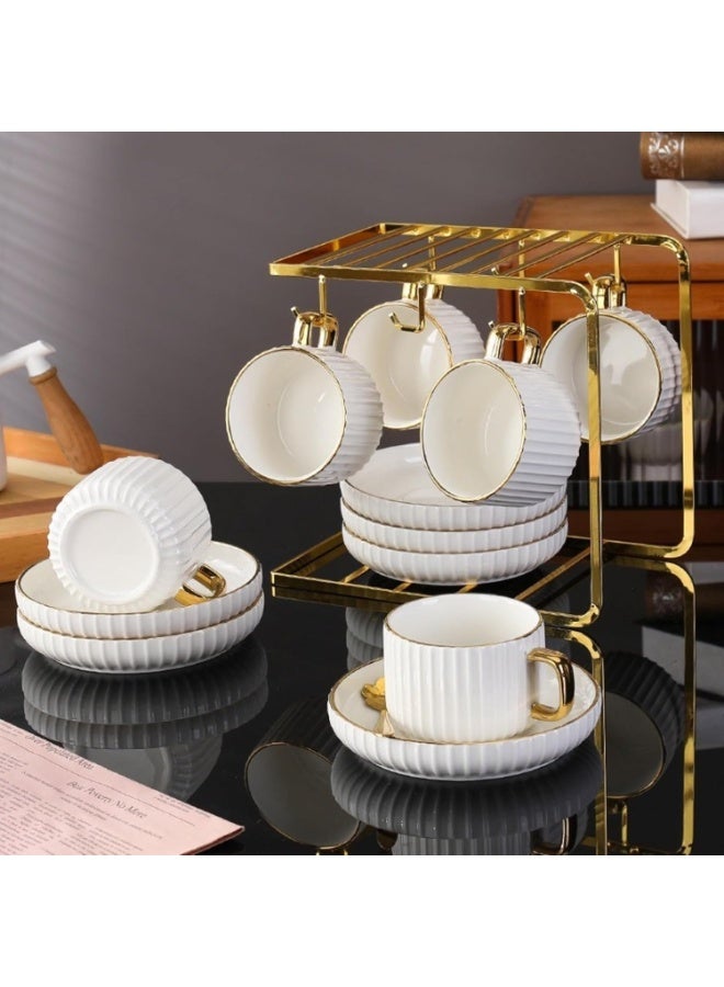 8oz Ceramic Cappuccino Cups with Saucers Set, White with Gold Trim, Set of 6 - Image 5