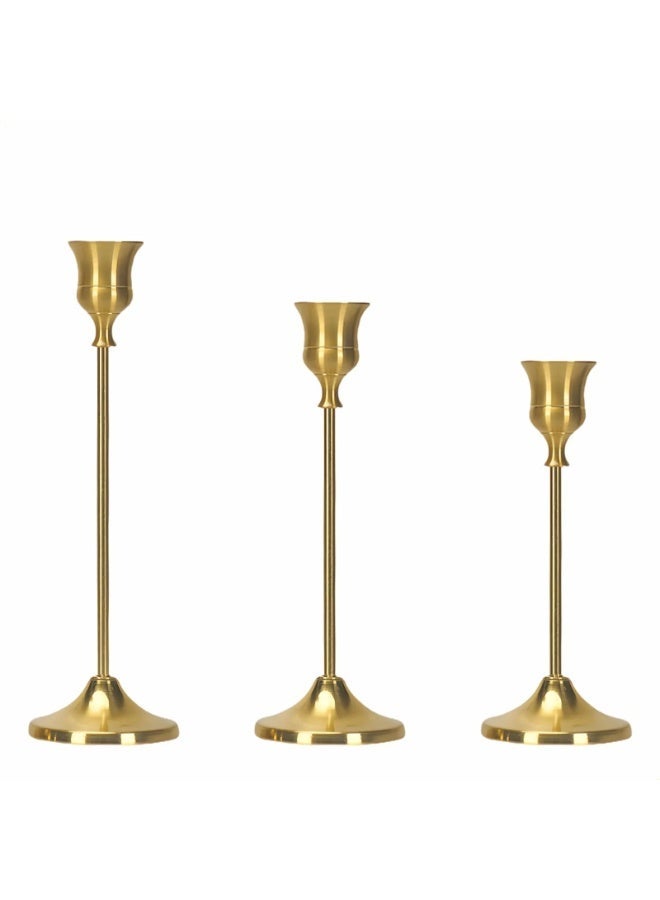 Set of 3 Candlestick Holders, Taper Candle Holders, , Brass with Gold Finish—Vintage and Modern Decorative Centerpiece for Tables, Mantels, and Weddings,S,M,L - Image 1