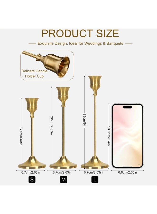 Set of 3 Candlestick Holders, Taper Candle Holders, , Brass with Gold Finish—Vintage and Modern Decorative Centerpiece for Tables, Mantels, and Weddings,S,M,L - Image 2