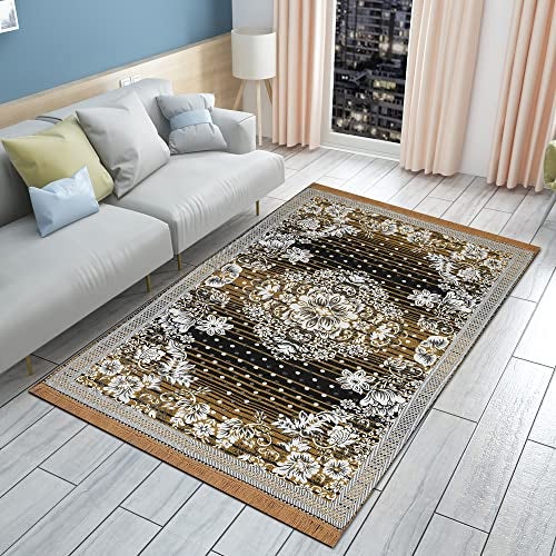 Purav Light Floral Design Cotton Carpet 5x7 feet for Living Room Bedroom Home Decor Carpets Mat (Yellow Color) - Image 1