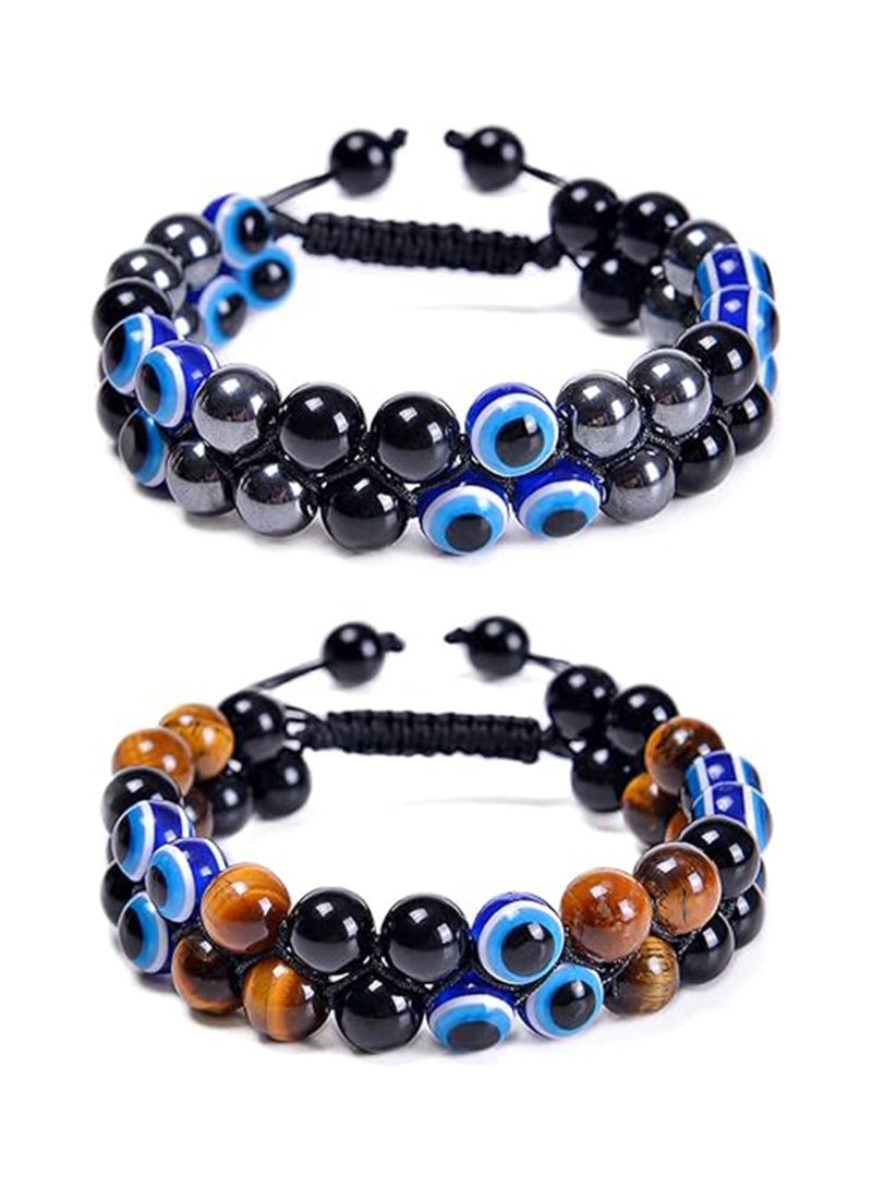 Zikra Triple Protection Bracelet for Men Women Tiger Eye and Black Obsidian 8mm Beads Bracelet Healing Bracelet Bring Luck and Prosperity Happiness 2 PCS - Image 1