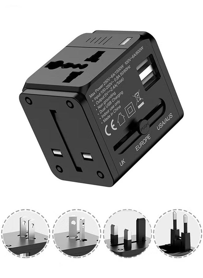 منفذ شاحن محول السفر العالمي العالمي مع 2.4 أمبير USB-A مزدوج، شاحن حائط محول الطاقة الدولي متعدد الوظائف بقدرة 1500 واط مع باب أمان للأطفال، مخرج تيار متردد عالمي، أسود