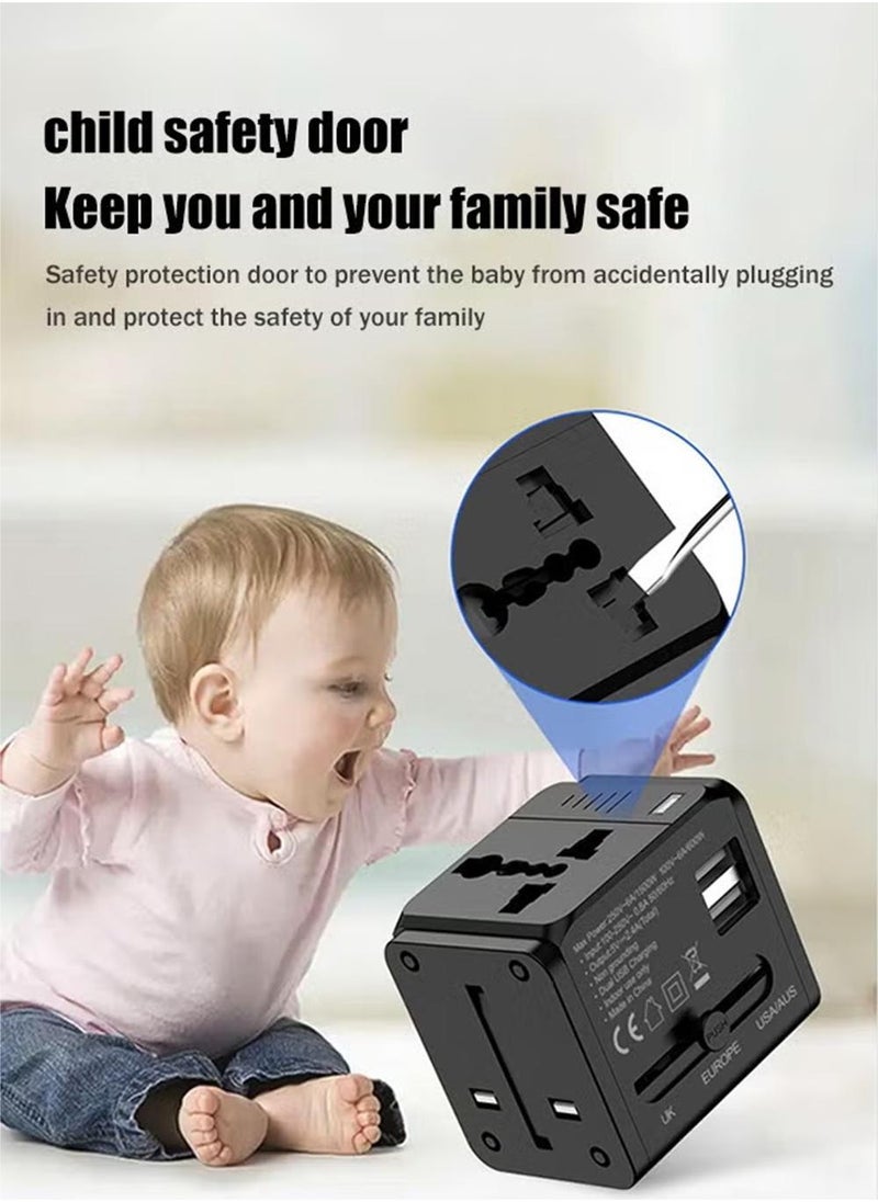 منفذ شاحن محول السفر العالمي العالمي مع 2.4 أمبير USB-A مزدوج، شاحن حائط محول الطاقة الدولي متعدد الوظائف بقدرة 1500 واط مع باب أمان للأطفال، مخرج تيار متردد عالمي، أسود