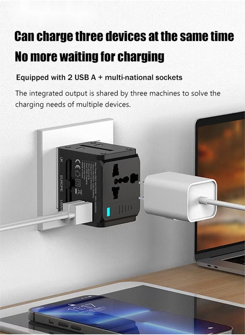 منفذ شاحن محول السفر العالمي العالمي مع 2.4 أمبير USB-A مزدوج، شاحن حائط محول الطاقة الدولي متعدد الوظائف بقدرة 1500 واط مع باب أمان للأطفال، مخرج تيار متردد عالمي، أسود
