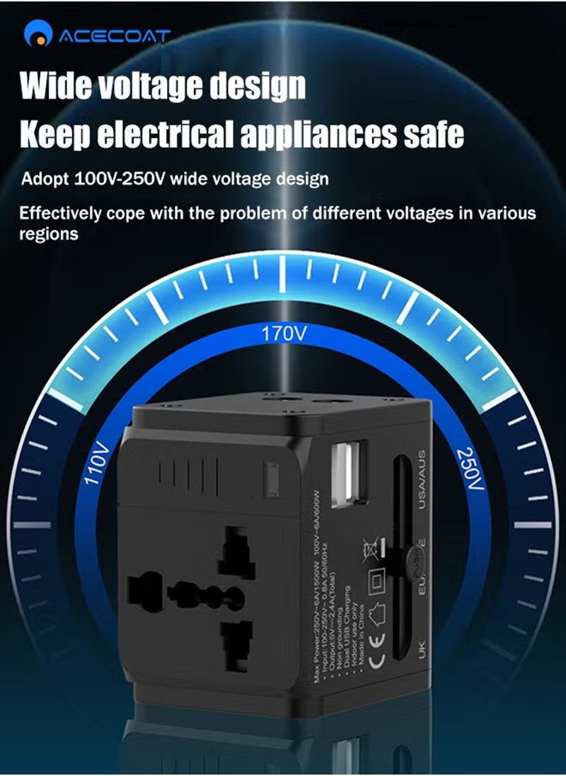 منفذ شاحن محول السفر العالمي العالمي مع 2.4 أمبير USB-A مزدوج، شاحن حائط محول الطاقة الدولي متعدد الوظائف بقدرة 1500 واط مع باب أمان للأطفال، مخرج تيار متردد عالمي، أسود