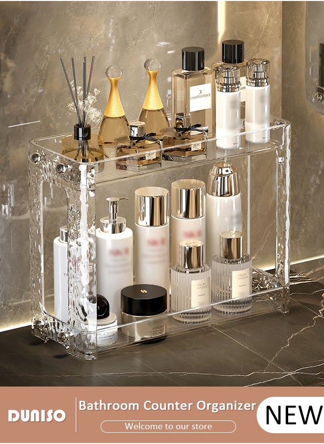 DUNISO Transparent Display Riser Shelf , Bathroom Organizer Countertop Storage Clear 2 Tier Corner Shelf, Rack Stand for Jewelry, Makeup, Sunglasses  - Image 1