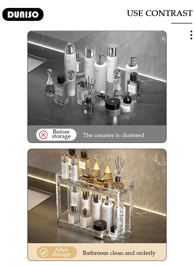 DUNISO Transparent Display Riser Shelf , Bathroom Organizer Countertop Storage Clear 2 Tier Corner Shelf, Rack Stand for Jewelry, Makeup, Sunglasses  - Image 3