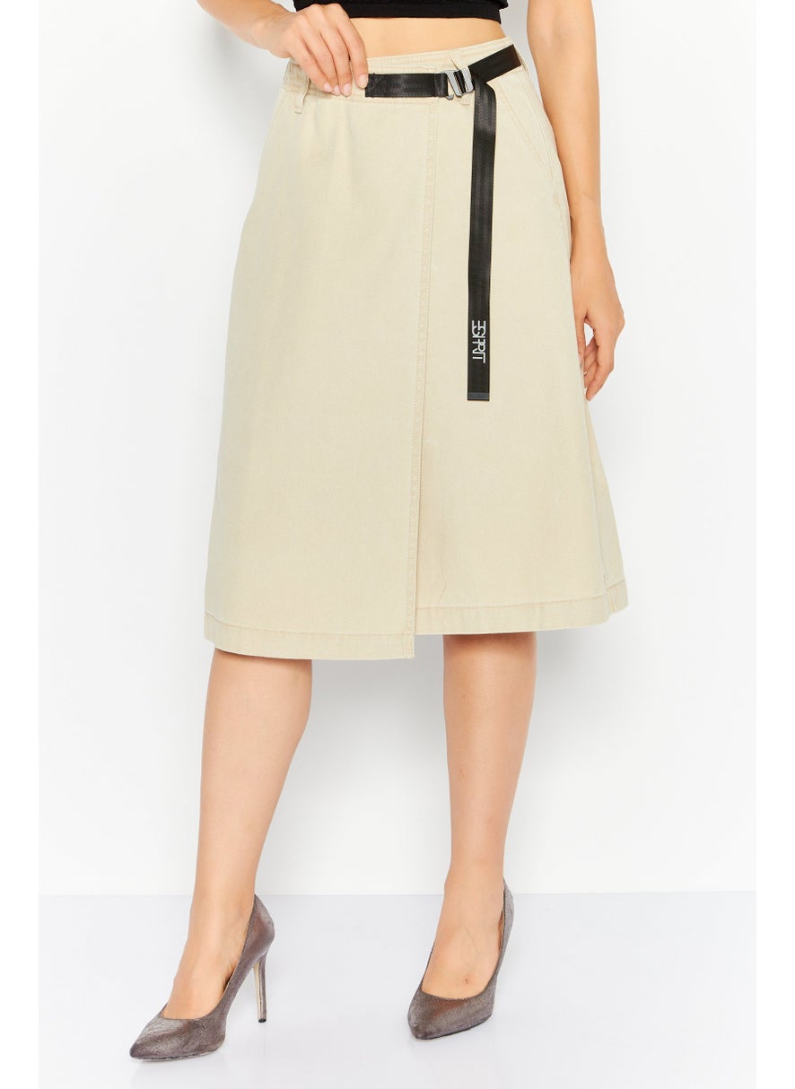ESPRIT Women Plain Buckle Waist Midi Skirts, Beige  - Image 1
