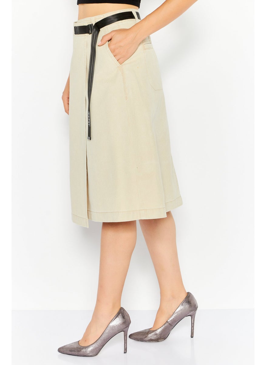 ESPRIT Women Plain Buckle Waist Midi Skirts, Beige  - Image 3