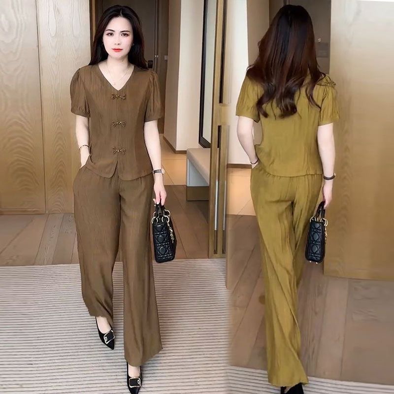 ملابس صيفية عصرية وأنيقة للمرأة ، جديد عصري V-Neck تي شيرت أعلى وسراويل واسعة الساق ، مجموعة قطعتين للتخسيس العادية - Image 5