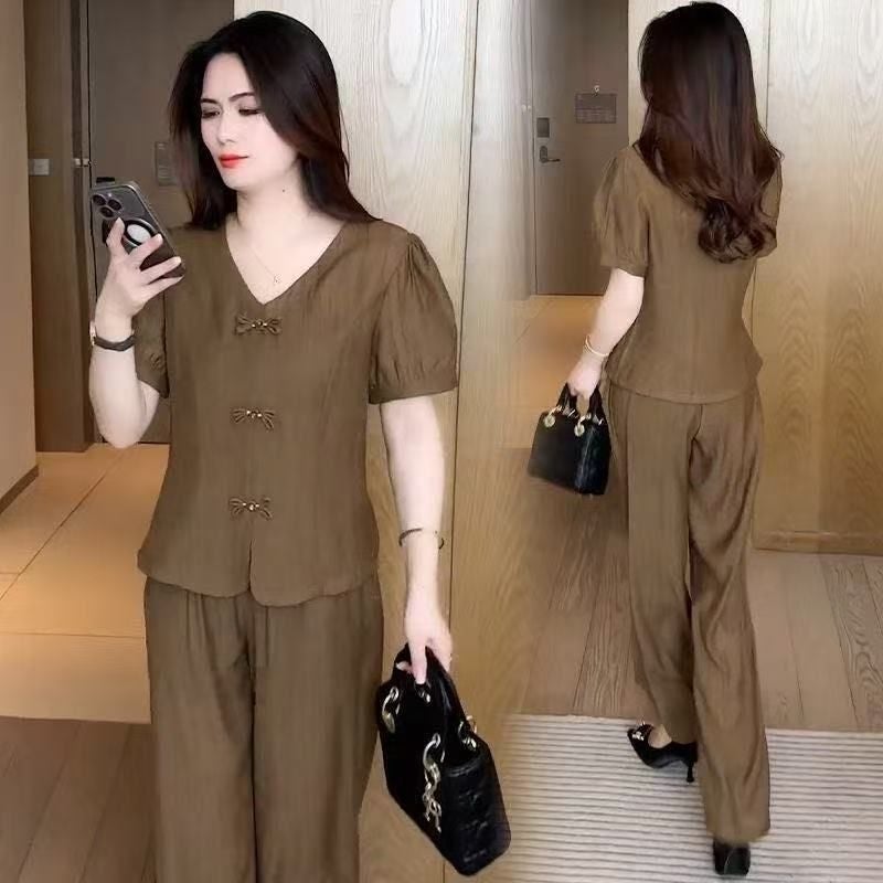 ملابس صيفية عصرية وأنيقة للمرأة ، جديد عصري V-Neck تي شيرت أعلى وسراويل واسعة الساق ، مجموعة قطعتين للتخسيس العادية - Image 2