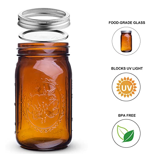 eleganttime Amber Glass Mason Jars 32 oz Wide Mouth with Airtight Lids and Bands 6 Pack Large Glass Canning Mason Jars Quart,Great for Canning Jar Pickle Fermenting Jam Jar - Image 4