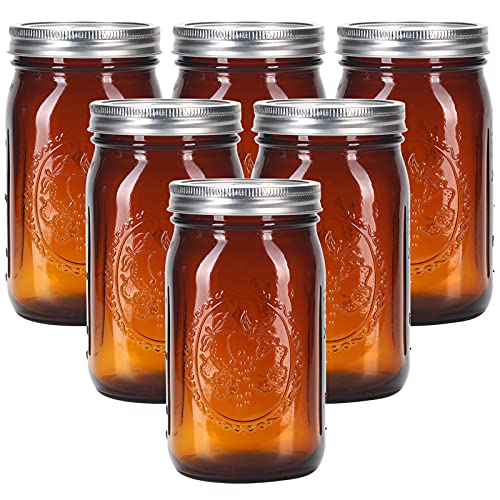 eleganttime Amber Glass Mason Jars 32 oz Wide Mouth with Airtight Lids and Bands 6 Pack Large Glass Canning Mason Jars Quart,Great for Canning Jar Pickle Fermenting Jam Jar - Image 1
