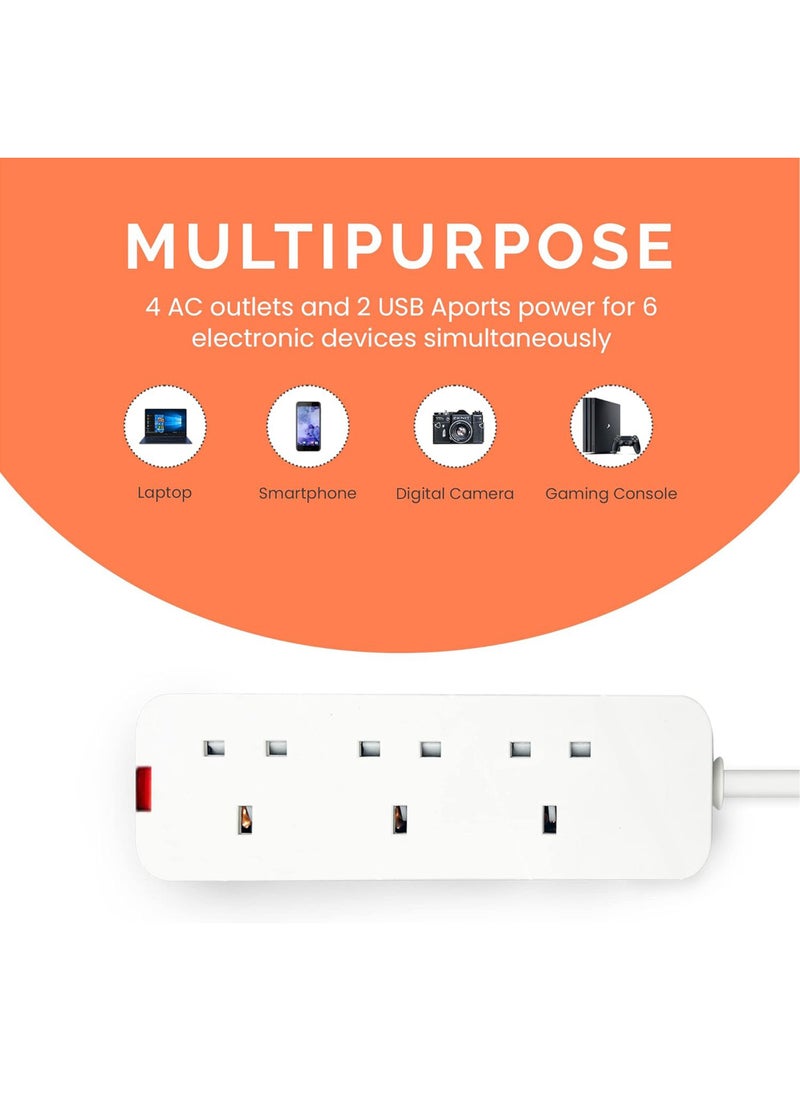 Rock Pow - 2.5 Meters Power Extension Cord with 3 Power Plugs 3 Way Power Strip Extension Lead 2.5 meter - White - Image 1