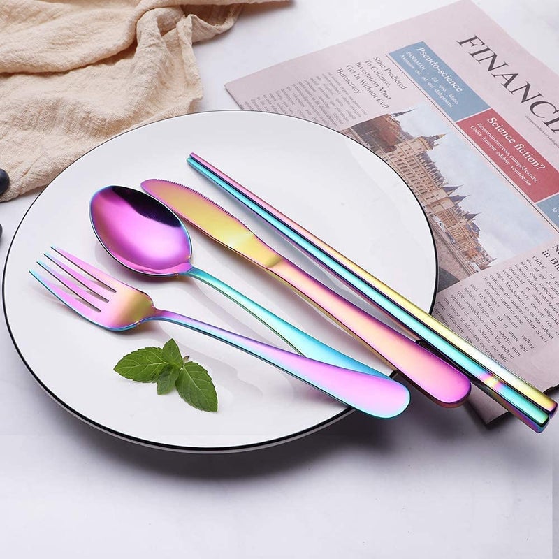 KITOME Portable Utensils, Travel Camping Cutlery Set, 8-Piece Including Knife Fork Spoon Chopsticks Cleaning Brush Straws Portable Case, Stainless Steel Flatware Set (Rainbow) - Image 2