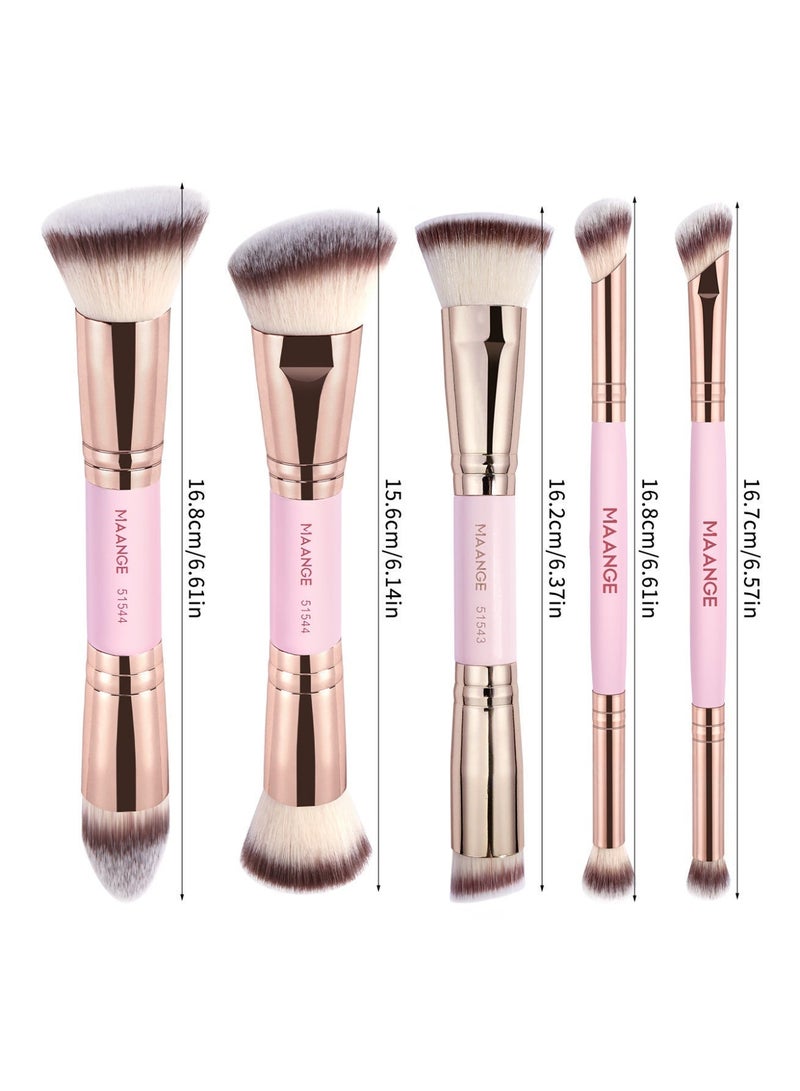 مانجي مجموعة فرشاة ماكياج الأساس ، فرشاة ماكياج مزدوجة النهاية 5 قطع (مسطحة / زاوية / زاوية مستديرة / أعلى متزورة) للسائل والكريم والمسحوق وخليط فرشاة الوجه المحيط وفرشة ظل العين (الوردي / الذهبي) - Image 2