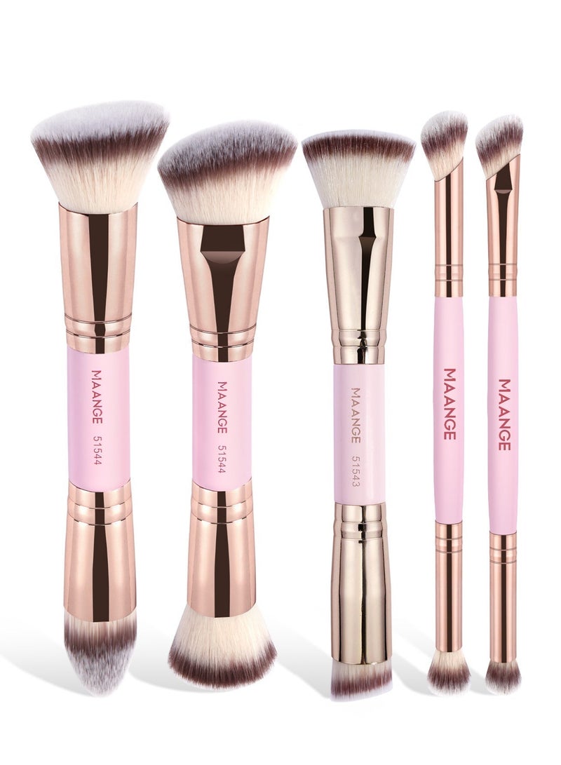 مانجي مجموعة فرشاة ماكياج الأساس ، فرشاة ماكياج مزدوجة النهاية 5 قطع (مسطحة / زاوية / زاوية مستديرة / أعلى متزورة) للسائل والكريم والمسحوق وخليط فرشاة الوجه المحيط وفرشة ظل العين (الوردي / الذهبي) - Image 1