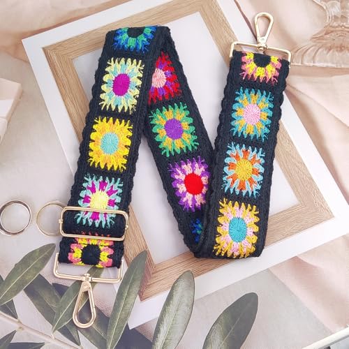 Nalefow Purse Straps Crossbody, 2" Crochet Flower Purse Straps Replacement Crossbody Wide Adjustable Shoulder Strap for Bag Handbag (Black Woven Flowers) - Image 2
