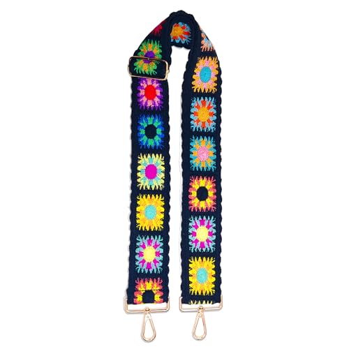 Nalefow Purse Straps Crossbody, 2" Crochet Flower Purse Straps Replacement Crossbody Wide Adjustable Shoulder Strap for Bag Handbag (Black Woven Flowers) - Image 1