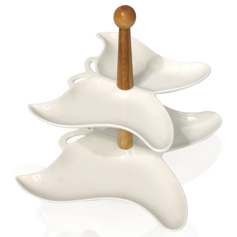 Decorative TwoTier Abstract Ceramic Serving Tray with Wooden Handle Porcelain Dessert and Cupcake Stand Home Decor for Kitchen Counter Dining Room Table and Coffee Bar 1100 x 1100 x 1100