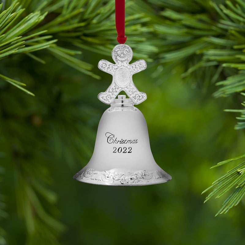 Wallace 2022 Silver-Plated Grande Baroque Bell Ornament w/Gingerbread Man Finial  28th Edition - Image 2