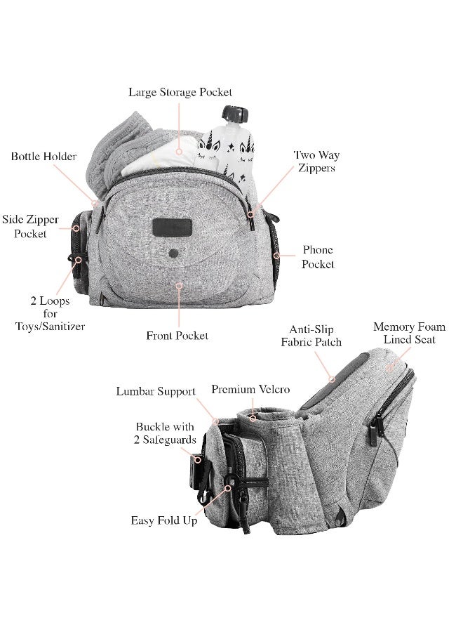 Hip Seat Baby Carrier, Ergonomic Bench Design, Adjustable Waistband, Various Pockets, Newborns to Toddlers up to 44 lbs, All-Seasons Carrier, Grey - Image 2