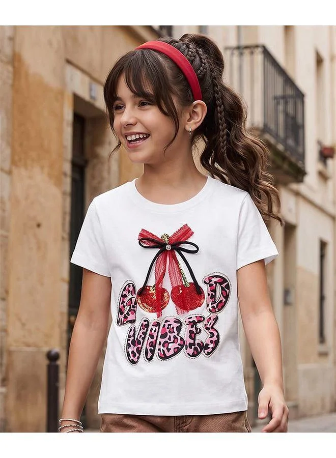 Pine Kids Pine Kids Cotton Knit Half Sleeves Embellished T-Shirt With Cherry Print & Applique Detailing - White