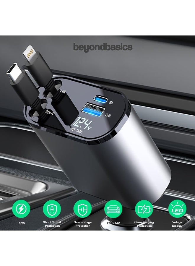 ما وراء الأساسيات شاحن سيارة سريع وقابل للسحب من بيوند بيسكس ٤ في ١، ١٠٠ واط | كابلان قابلان للسحب (لايتنينغ + تايب-سي)، منافذ USB وPD، طول وزاوية قابلان للتعديل - متوافق مع آيفون وسامسونج جالاكسي - Image 3