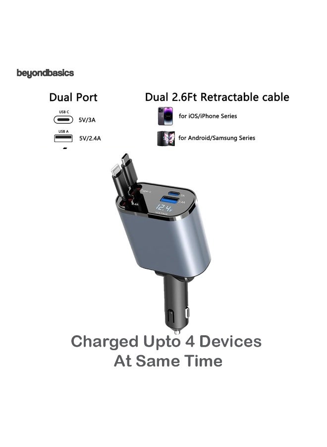 ما وراء الأساسيات شاحن سيارة سريع وقابل للسحب من بيوند بيسكس ٤ في ١، ١٠٠ واط | كابلان قابلان للسحب (لايتنينغ + تايب-سي)، منافذ USB وPD، طول وزاوية قابلان للتعديل - متوافق مع آيفون وسامسونج جالاكسي - Image 2